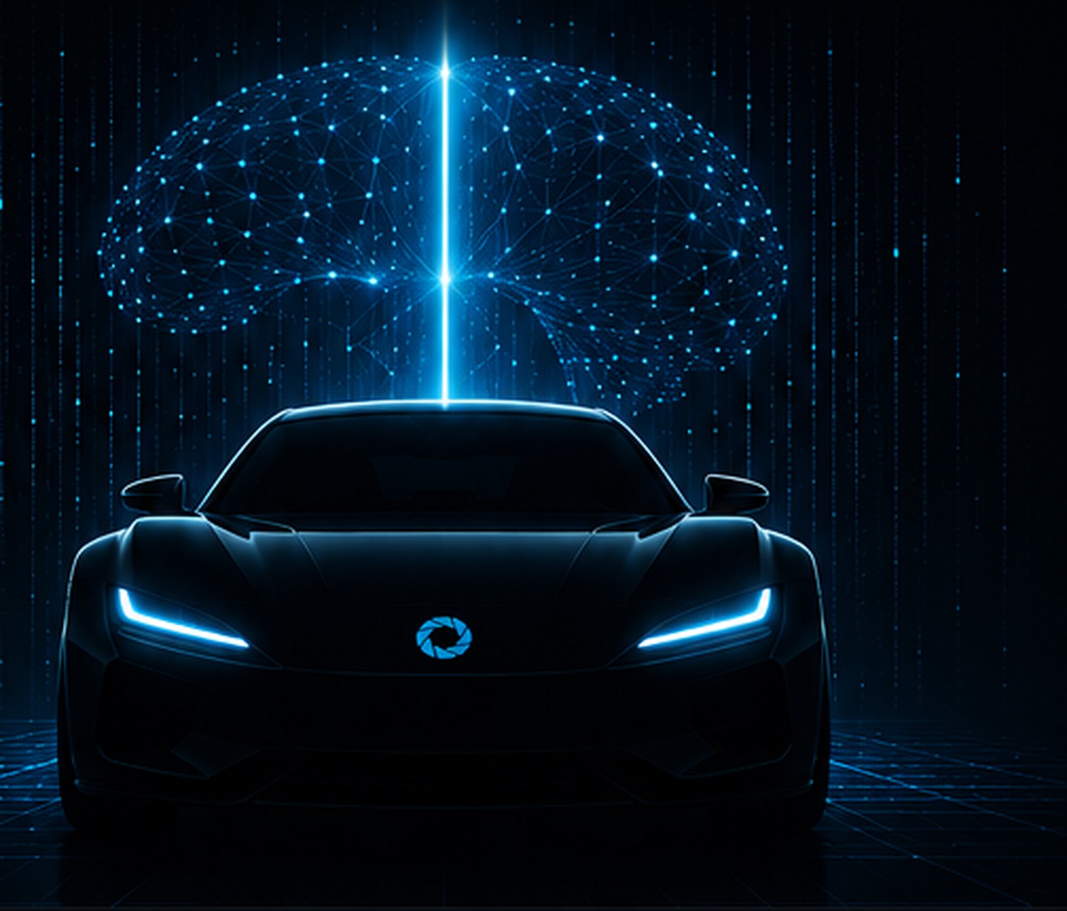 Conceptual RealFix-AI artwork: a dark performance vehicle beneath a glowing network illustration representing diagnostic reasoning.